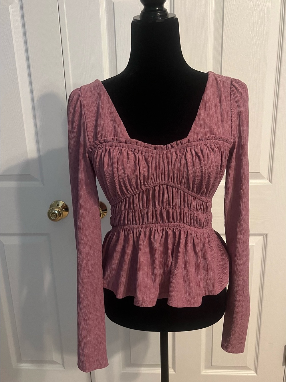 Anthropologie Maeve Mauve Ruched Peplum Long-Sleeve Top NWT size small